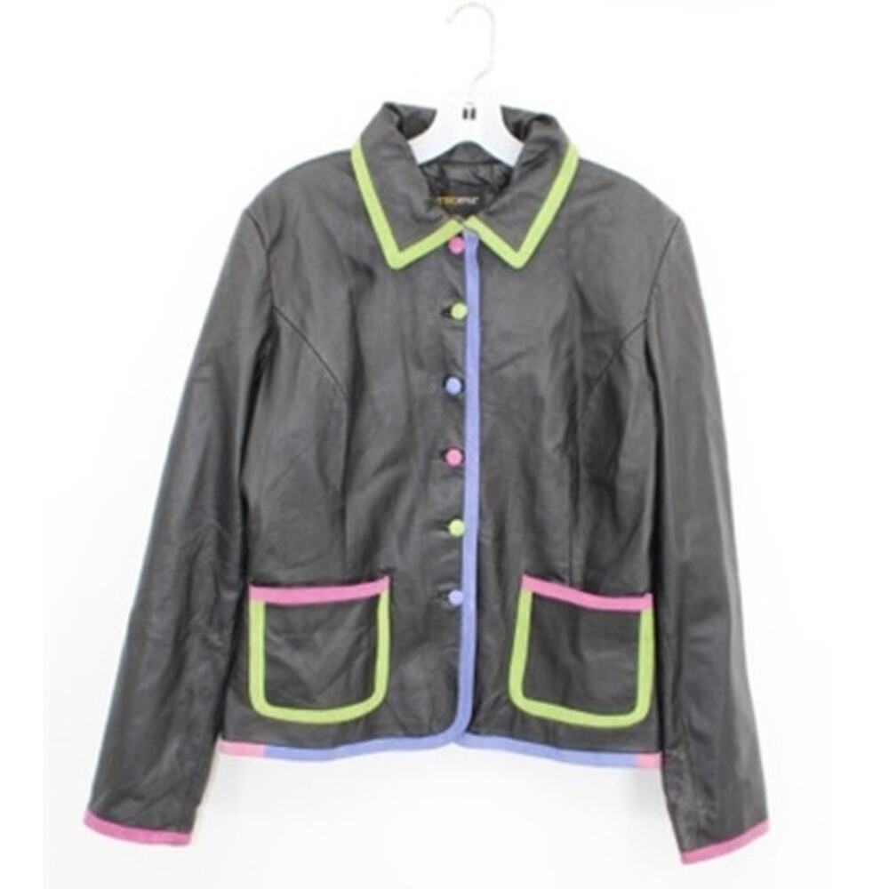 Vtg Metrostyle Leather Jacket Size 14 Color Block Neon Suede Trim Blazer Y2K 90s